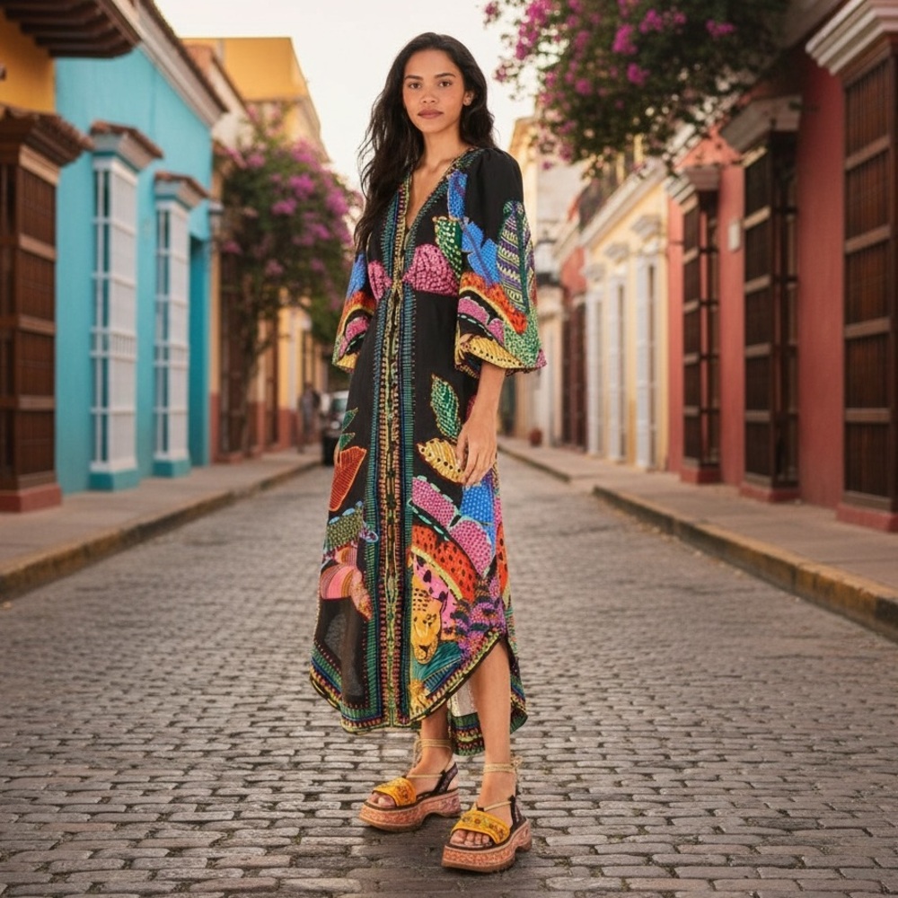 Farm Rio | Cool Leopards Maxi Dress w Puff Sleeve | Black Multicolor | Size S